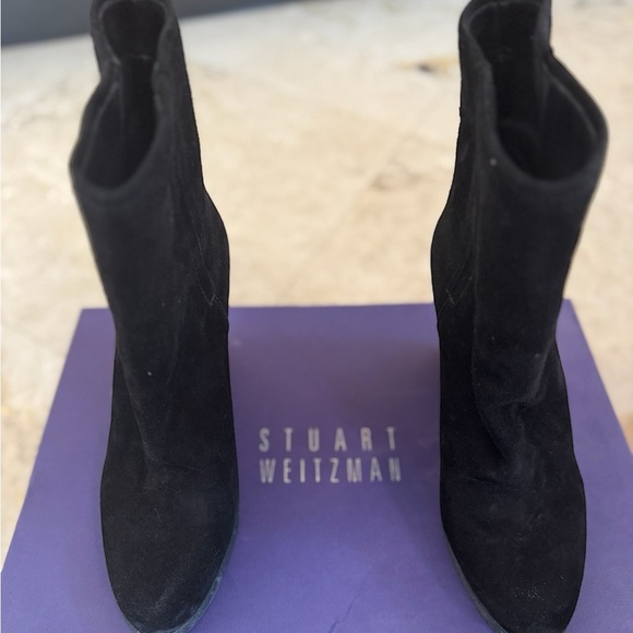 Stuart Weitzman black suede ankle boots with platform and rubber bottom. - Picture 1 of 5